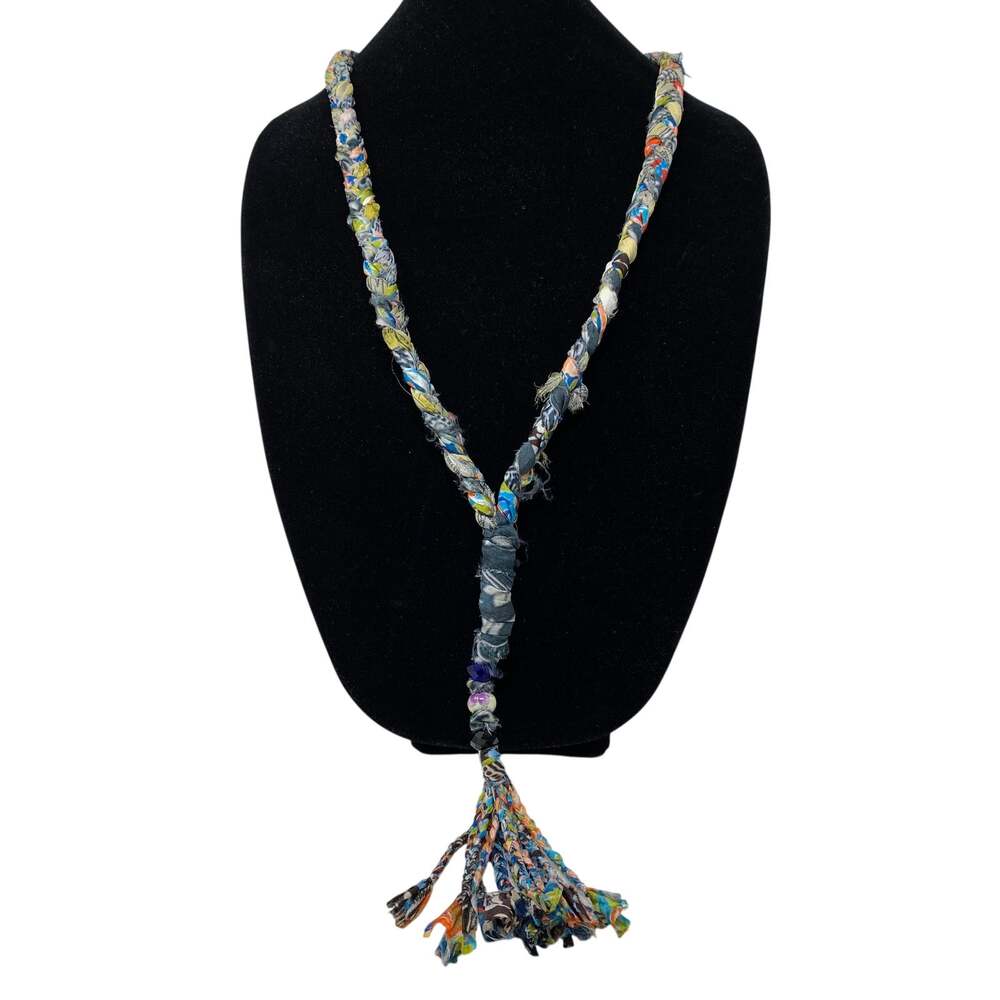 Johnny Was Braided Fabric Tassel Necklace Multicolor Boho Beaded Statement